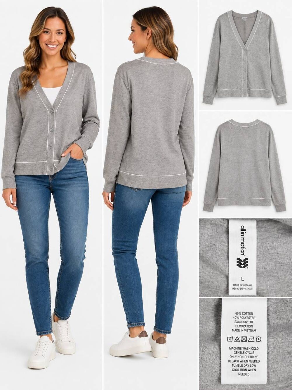 All in Motion L Gray Piped Button Front Cardigan